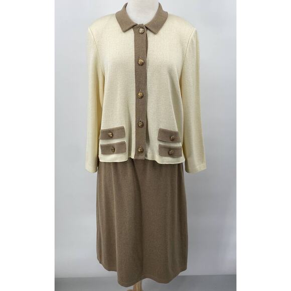 Vintage Mita 2 Piece Knit Cardigan & Skirt Set Matching Cream Tan Womens 18 - Picture 2 of 11